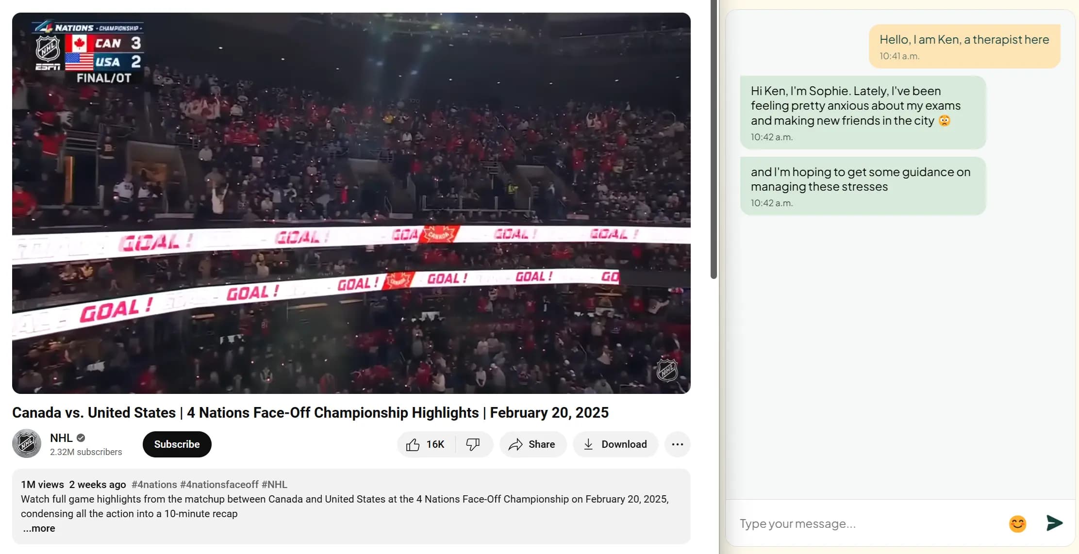 Therapist watching hockey while delivering therapy