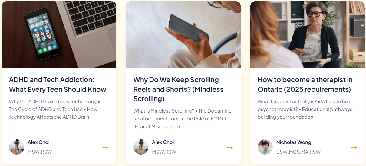 Screenshot of a therapist blog page